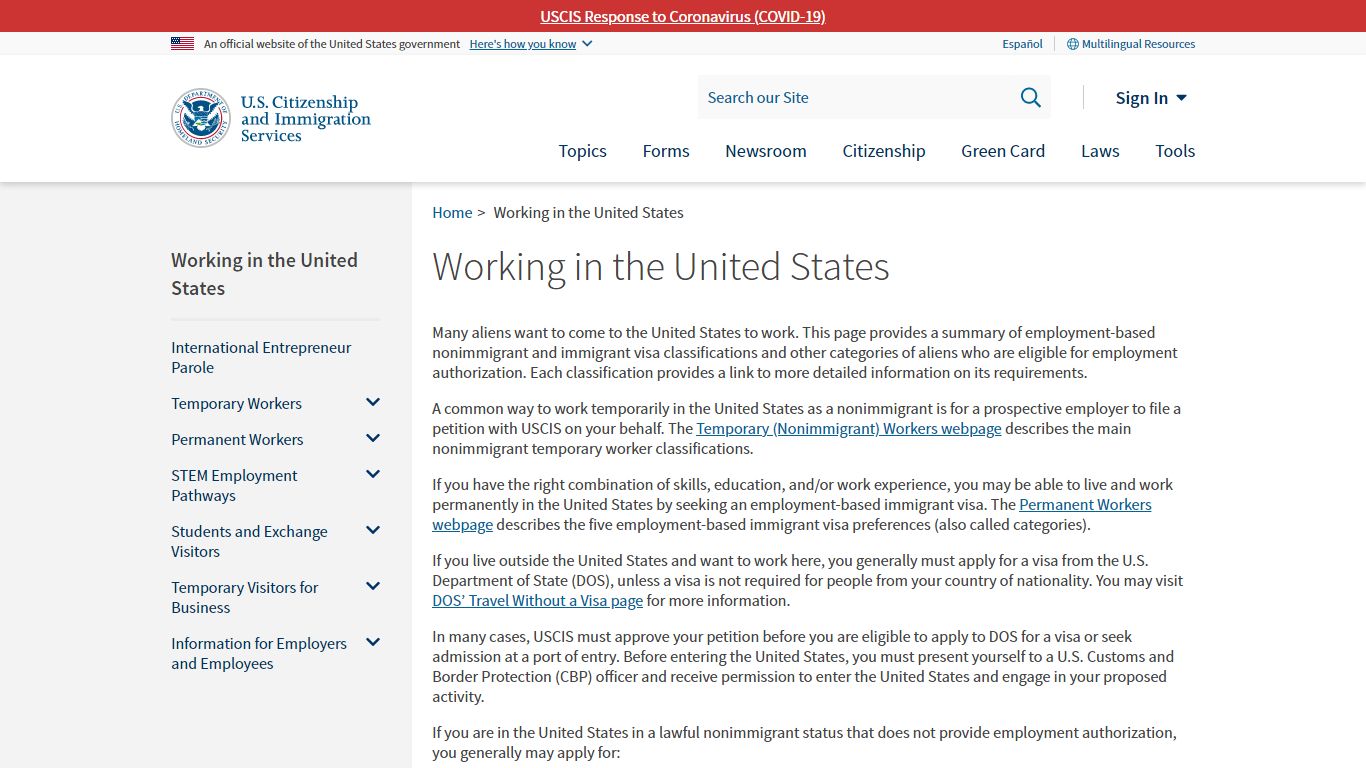Working in the United States | USCIS